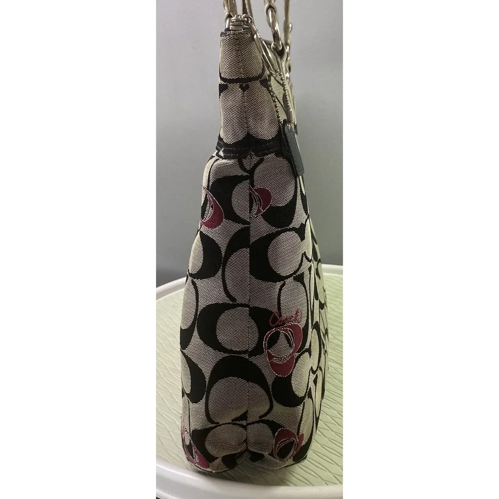 Coach Poppy Signature One Women Shoulder Bag Tan/Black/Pink 13x17x4" Need Clean - Picture 9 of 16